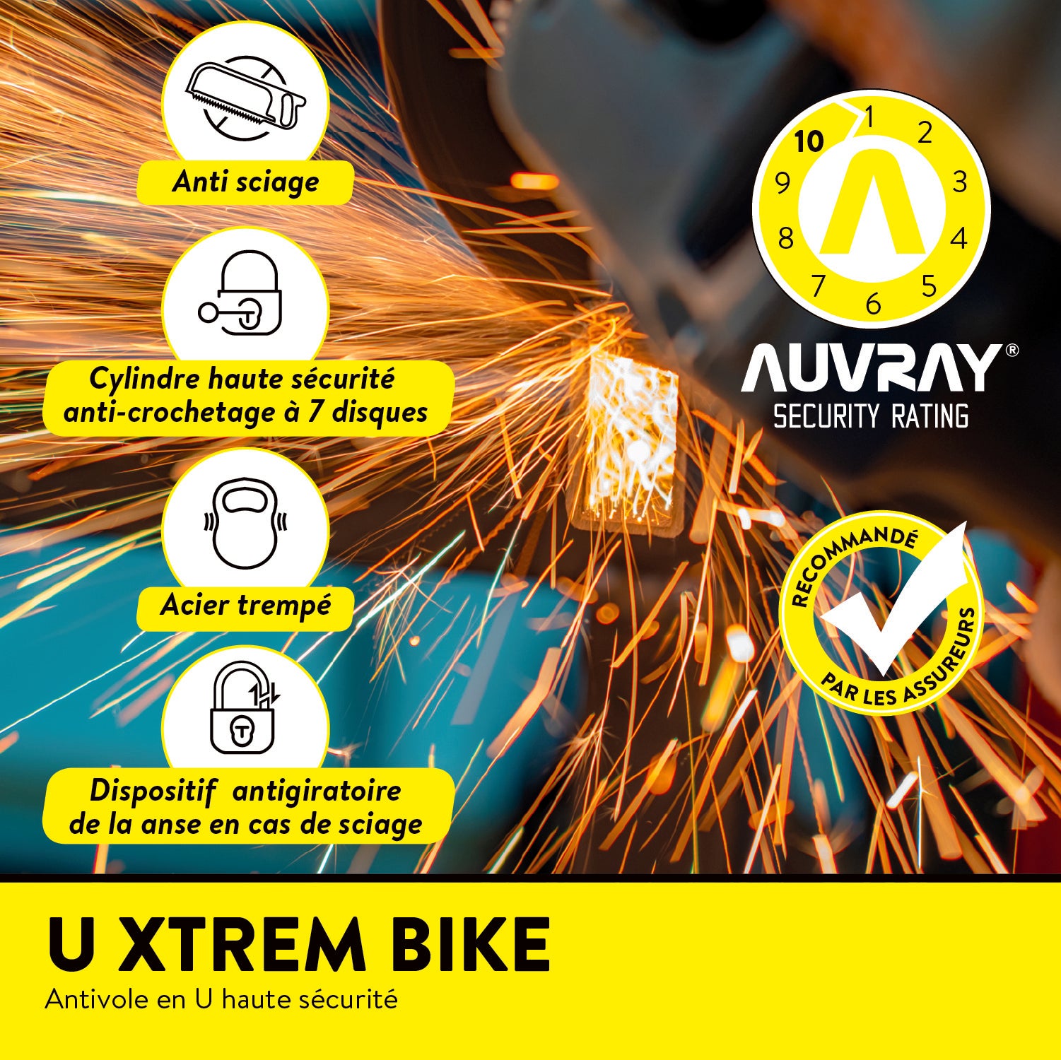 AUVRAY ANTIVOL VELO U XTREM 80 x 250 mm DIAM 16 mm NIVEAU SECURITE 10/10 ART 4