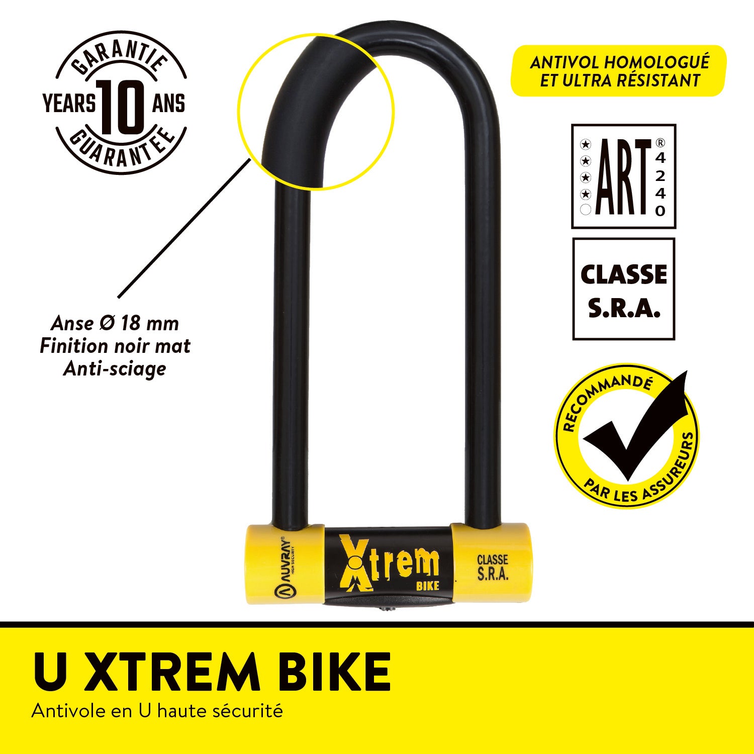 AUVRAY ANTIVOL VELO U XTREM 80 x 250 mm DIAM 16 mm NIVEAU SECURITE 10/10 ART 4
